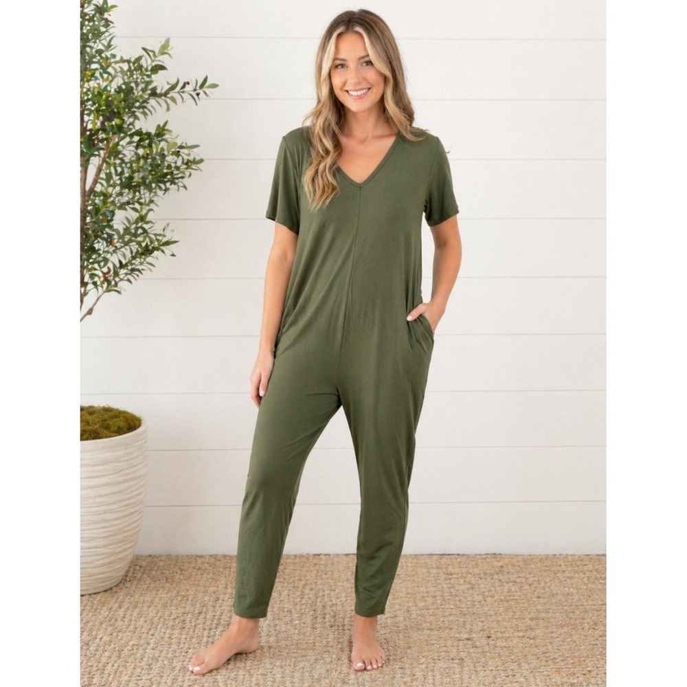Smash + Tess Sunday Romper Women L Olive Green V-Neck Short Sleeve Jumpsuit